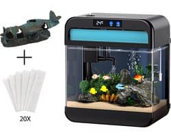 AquaImpact Zelfreinigend Aquarium 13 L – Vliegtuig - 20 Filters - Decoratie - Set met 3‑in‑1 Pomp - LED & Touch Display – Timer & Dim Functie - Incl. Luchtbevochtiger - Garnalen Aquarium