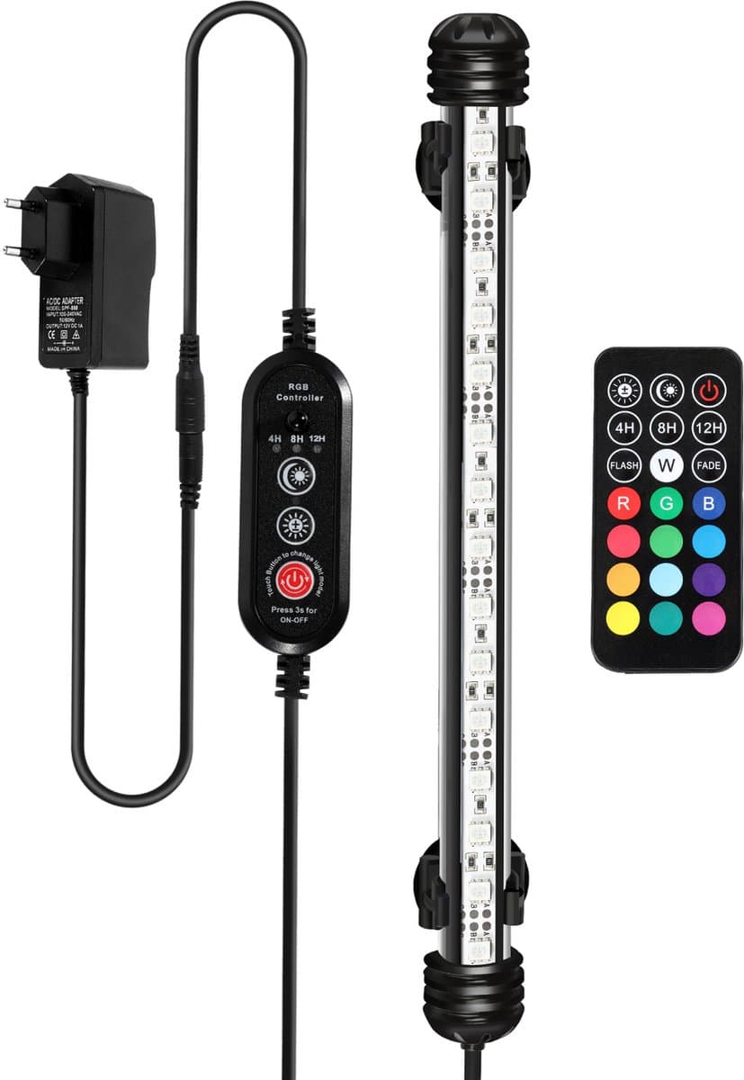 6.6W Aquarium led verlichting RGB-Lengte 58cm-Via de afstands bediening kunt u de kleuren instellen-Dimmen van de rgb aquarium verlichting is ook mogelijk-Onderwater ledlamp van 58cm-IP67-Timer-functie,Functie voor zonsopgang en zonsondergang