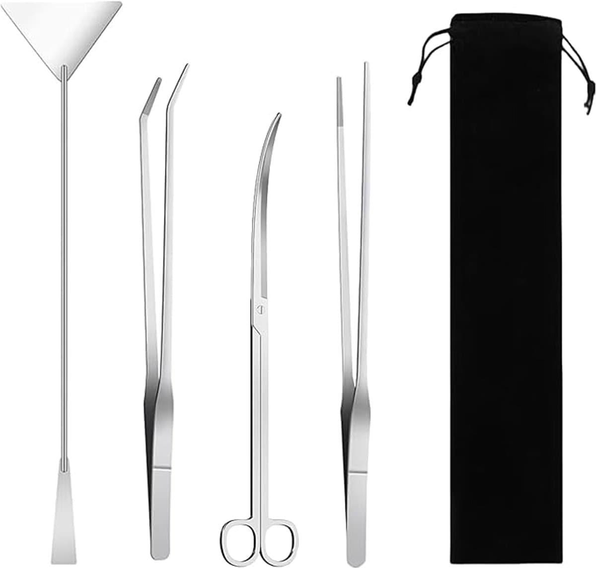 Aquarium Aquascape Gereedschapsset - 4-in-1 - Glaswand Reinige - Algen Aquarium Bestrijden - Aquascape Tool - Inclusief Opbergtas - Aquarium Accessoires - Geschikt Voor Aquascaping - Geschikt Voor Diverse Aquariumplanten, Bodemsubstraten - Zilver