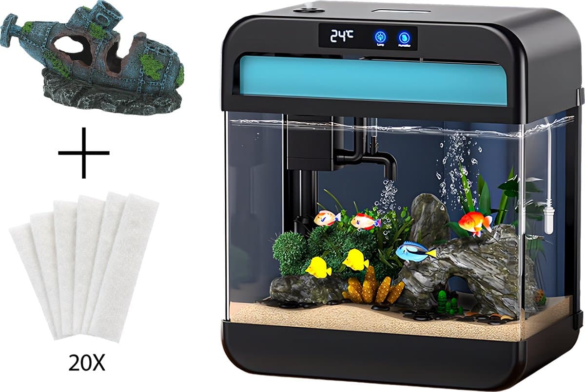 AquaImpact Zelfreinigend Aquarium 13 L – Onderzeeër - 20 Filters - Decoratie - Set met 3‑in‑1 Pomp - LED & Touch Display – Timer & Dim Functie - Incl. Luchtbevochtiger - Garnalen Aquarium