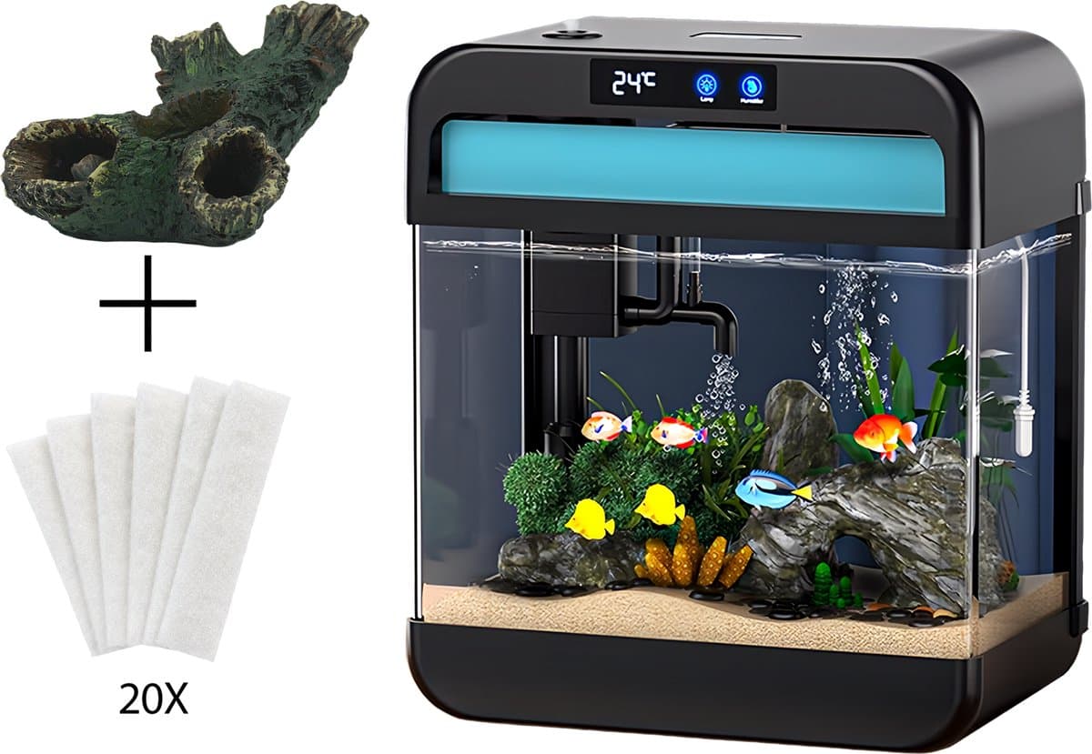 AquaImpact Premium Zelfreinigend Aquarium 26 L – Boom- 20 Filters - Decoratie - Set met 3‑in‑1 Pomp - LED & Touch Display – Timer & Dim Functie - Incl. Luchtbevochtiger - Garnalen Aquarium