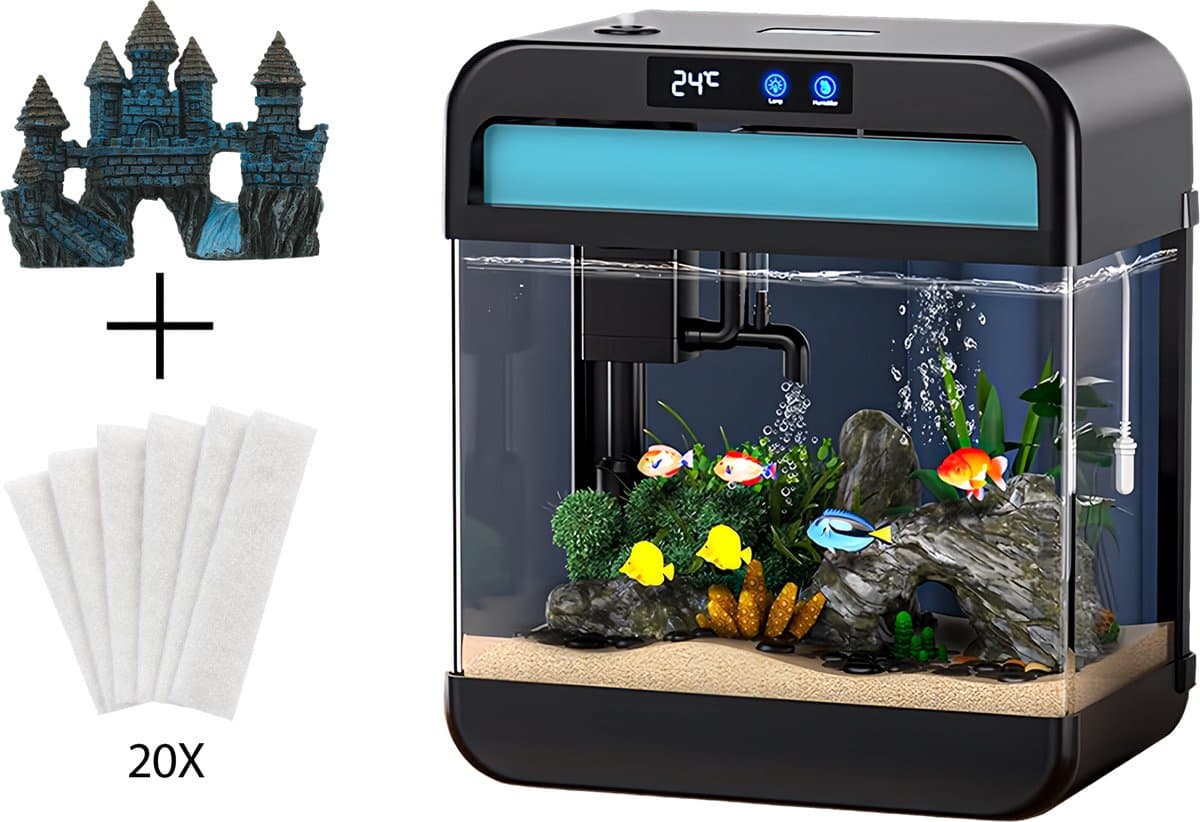 AquaImpact Premium Zelfreinigend Aquarium 26 L – Blauw Kasteel - 20 Filters - Decoratie - Set met 3‑in‑1 Pomp - LED & Touch Display – Timer & Dim Functie - Incl. Luchtbevochtiger - Garnalen Aquarium
