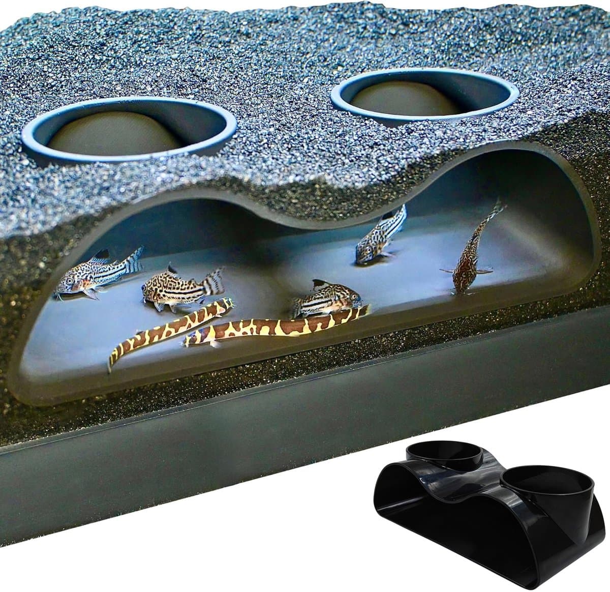 MAGICSHE Aquarium Schuilplaats Decoratie Ornamenten - Aquarium Ondergrondse Tunnel Voor Vis En Garnalen - Schuilplaats Vissen Met 2 Ingangen Zwart Dubbelhouder