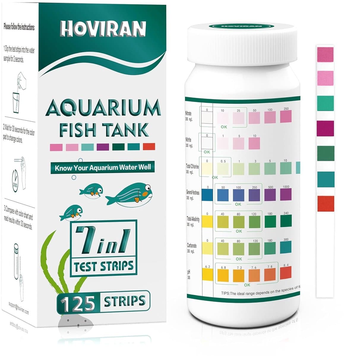 SnelShoppen - 7-in-1 Aquarium Test Strips voor Zoet- en Zoutwater, 125 Teststrips voor Chlorine, Hardheid, Alkaliteit, Nitraat, Waterkwaliteit Testset