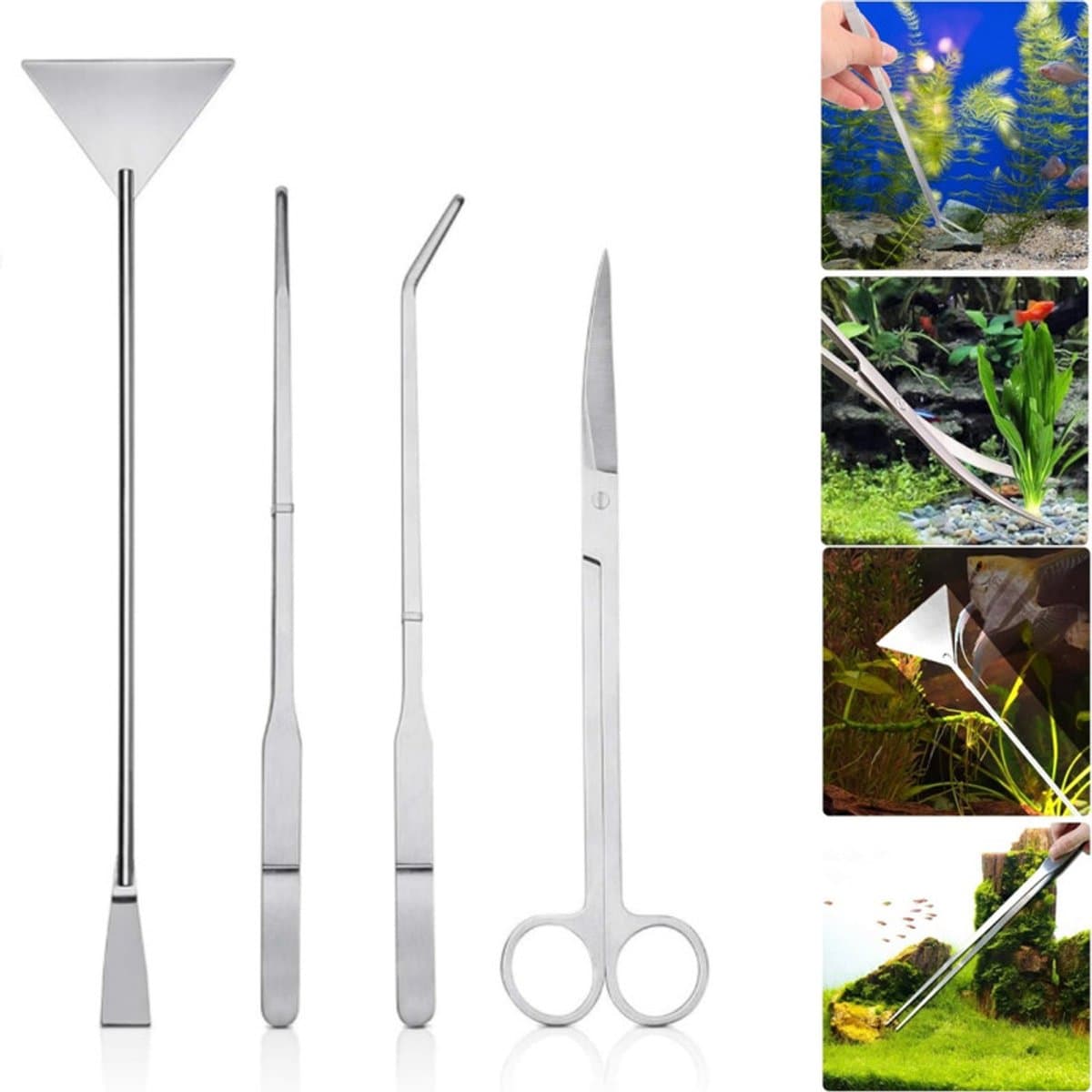 1 set - Aquarium Aquascaping gereedschapsset - Pincet - Voedertang - Algenkrabber - Onkruidschaar - Met opbergtas - Zilver - Voor het reinigen van aquaria en het snoeien van planten - Voor starterssets voor vissen, aquaria en terrariums