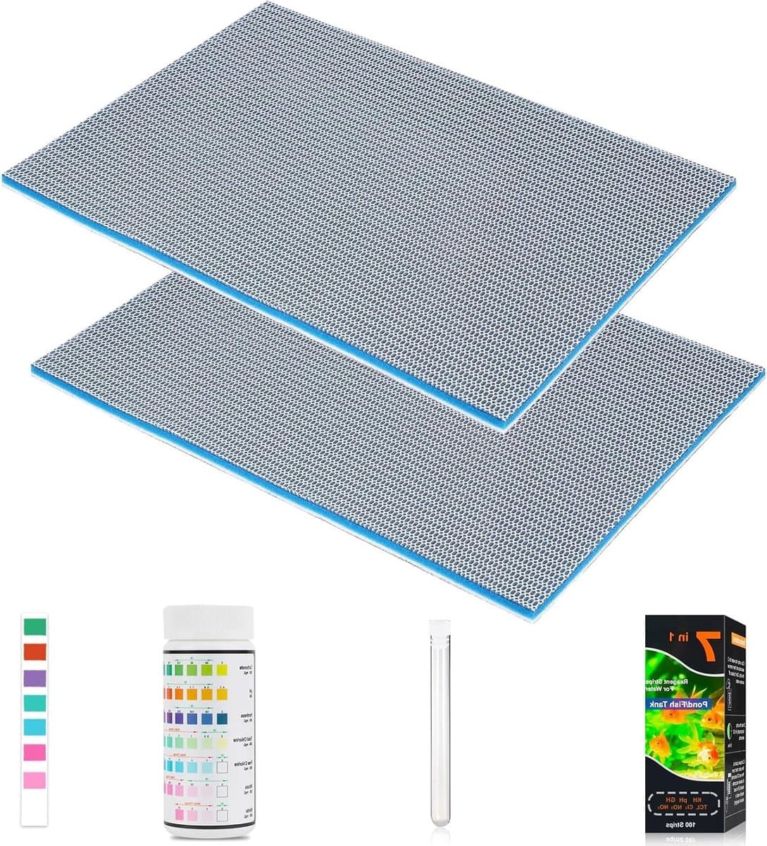 Set van 2 Aquarium Filter Sponzen (40 x 30 x 2 cm), Filter Schuim Mat voor Aquarium, Waterkwaliteit Testset met 100 Strips en 15 ml Testbuis