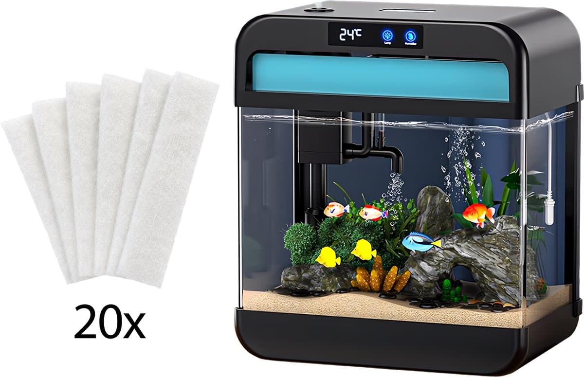 AquaImpact Zelfreinigend Aquarium 13 L + 20 Filters – Set met 3-in-1 Pomp, Filter, LED‑verlichting & Luchtbevochtiger - Modern Design